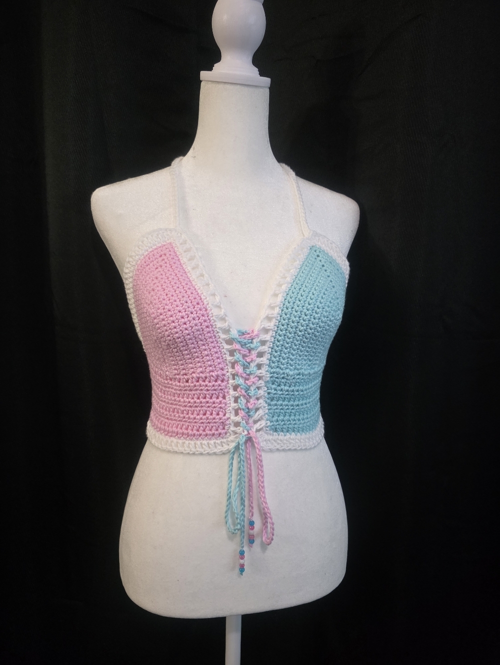 Crocheted Dual-Color Corset Halter Top